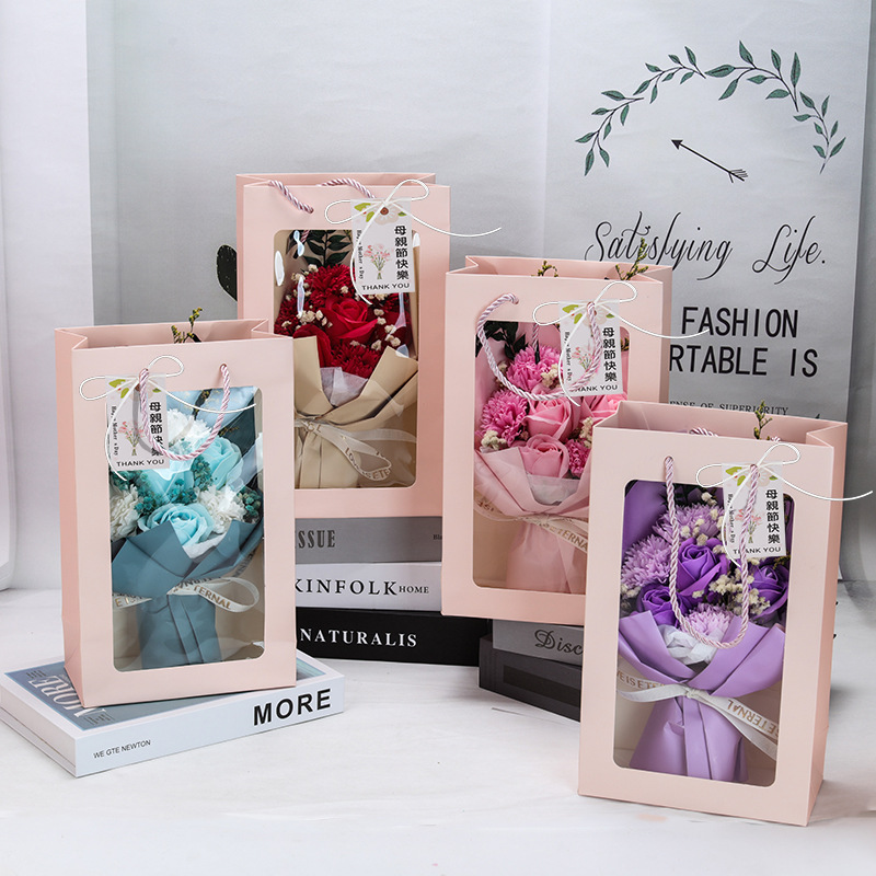 Sunflower and Gypsophila Dried Flower Bouquet with 7 Rose Soap Flowers and Carnations Gift Box - Teacher's Day Gift