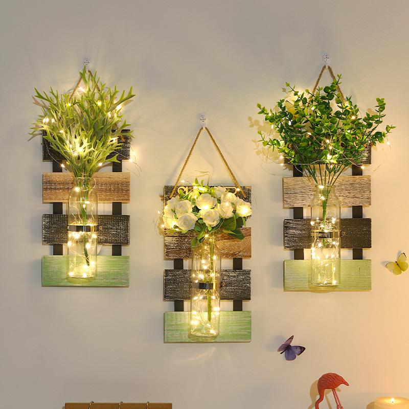 Wall-Mounted Hydroponic Vase Planter for Home Décor - Entryway, Living Room, Bedroom - Rustic Pastoral Style with Green Ivy, Spider Plant, and Dried Flowers
